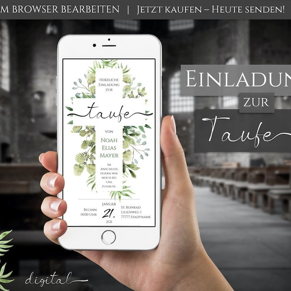 Einladung Taufe digital | WhatsApp Taufkarte | Digitale eCard Canva Vorlage | Einladungskarte für Handy | Taufeinladung Smartphone