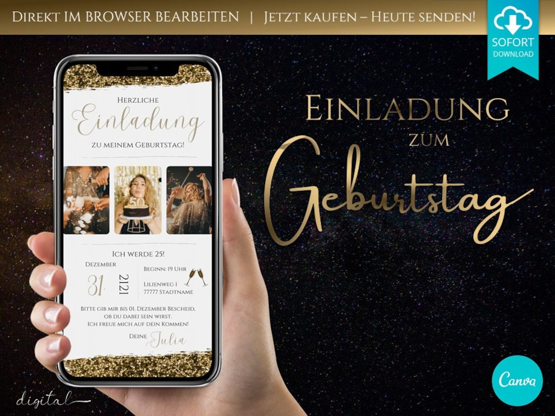 Digitale Einladung Geburtstag 20, 30, 40 Whatsapp Einladung personalisierbar gold Canva 