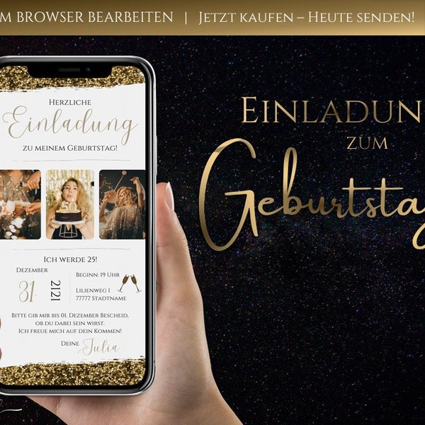 Digitale Einladung Geburtstag 20, 30, 40... | Whatsapp Einladung personalisierbar gold Canva Vorlage Einladungskarte für Handy glitzer