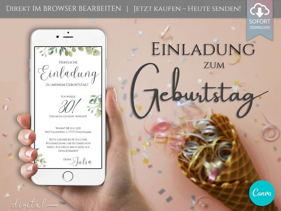 Digitale Einladung Geburtstag 30, 40, Whatsapp Einladung Canva Vorlage eCard 