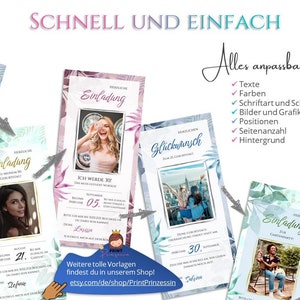 May include: Four printable invitation templates with floral backgrounds. The templates are for a birthday party, a garden party, and a 30th birthday. The text on the templates is in German. The text says "Herzlichen Gl&uuml;ckwunsch" (Happy Birthday), "Einladung" (Invitation), "Ich werde 30" (I am turning 30), and "Gl&uuml;ckwunsch zum Geburtstag" (Happy Birthday).