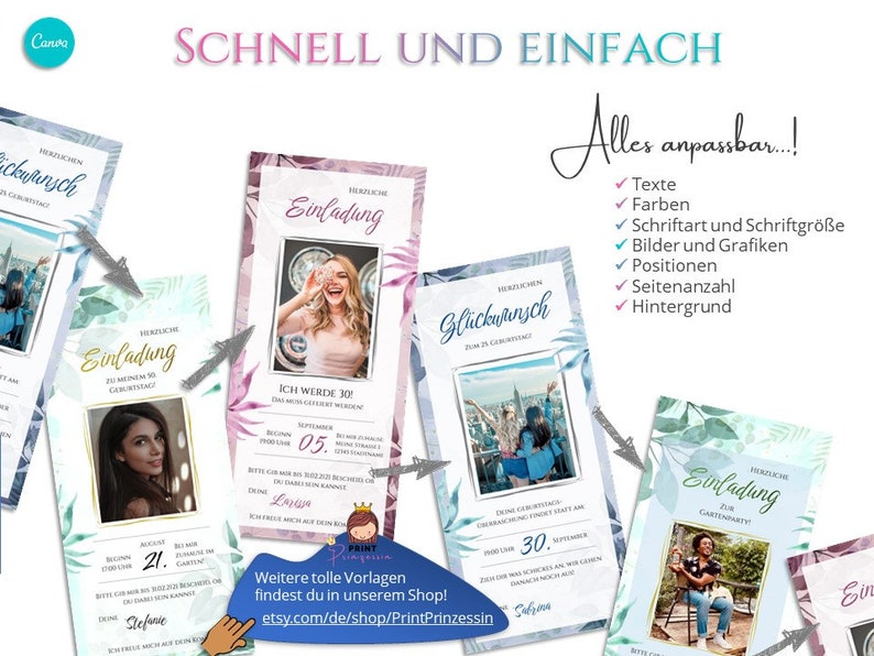 May include: Four printable invitation templates with floral backgrounds. The templates are for a birthday party, a garden party, and a 30th birthday. The text on the templates is in German. The text says "Herzlichen Gl&uuml;ckwunsch" (Happy Birthday), "Einladung" (Invitation), "Ich werde 30" (I am turning 30), and "Gl&uuml;ckwunsch zum Geburtstag" (Happy Birthday).