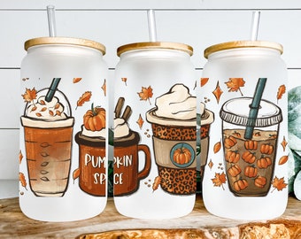 Frosted glass fall coffee cup, glass iced coffee cup, pumpkin iced coffee cup, Halloween iced coffee cup, pumpkin spice coffee glass