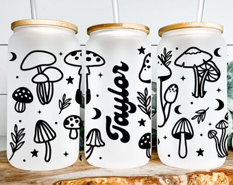 personalized mushroom frosted glass cup, mushroom glass tumbler, mushroom glass cup with bamboo lid, personalized mushroom glass cup