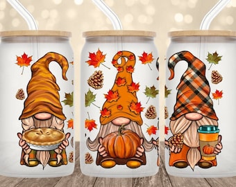 Gnome Iced coffee glass, fall gnome iced coffee glass with lid and straw, autumn glass can, fall coffee glass cup gnome gift fall coffee