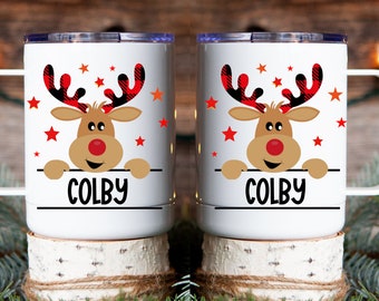Personalized Cocoa Mug for Kids | Christmas Cocoa Mug for Kids | Christmas Reindeer Cocoa Mug | Cocoa Mug with Lid and Straw | Christmas Mug