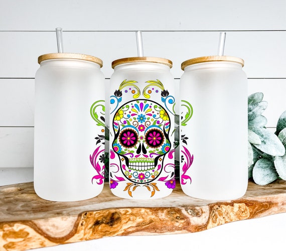 Sugar Skull Frosted Glass Tumbler, Sugar Skull Iced Coffee Tumbler, Cup  With Lid and Straw, Sugar Skull Gift 