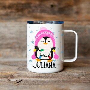 Kids penguin hot cocoa mug, Christmas cocoa mug for kids, kids cocoa mug with lid, personalized Christmas eve cocoa mug, Kid's penguin mug pink
