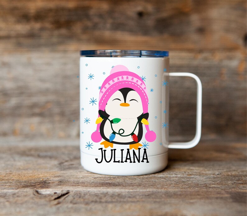 Kids penguin hot cocoa mug, Christmas cocoa mug for kids, kids cocoa mug with lid, personalized Christmas eve cocoa mug, Kid's penguin mug pink