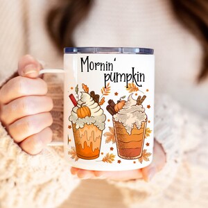 Mornin&#39; pumpkin coffee cup with lid and straw, Pumpkin coffee mug with lid, insulated fall coffee mug, custom fall coffee