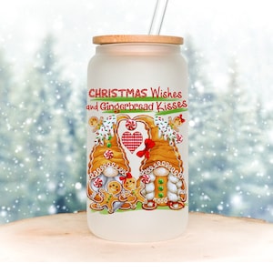 Gingerbread iced coffee glass, gingerbread glass with lid and straw, Christmas coffee glass, Holiday glass can with lid and straw