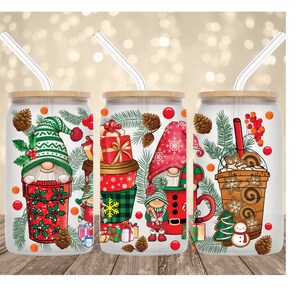 Christmas gnome coffee frosted glass tumbler, Christmas gnome iced coffee glass, Christmas gnomes frosted glass cup, Christmas iced coffee