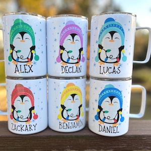 Kids penguin hot cocoa mug, Christmas cocoa mug for kids, kids cocoa mug with lid, personalized Christmas eve cocoa mug, Kid's penguin mug zdjęcie 1
