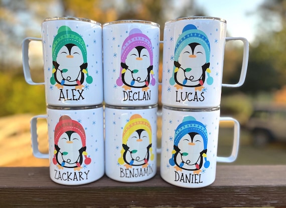 Kids penguin hot cocoa mug, Christmas cocoa mug for kids, kids cocoa mug with lid, personalized Christmas eve cocoa mug, Kid's penguin mug