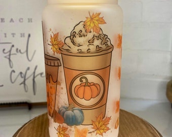 Frosted glass iced coffee cup with pumpkins, frosted glass cup, thanksgiving cup, fall cup, pumpkin iced coffee cup, autumn glass can