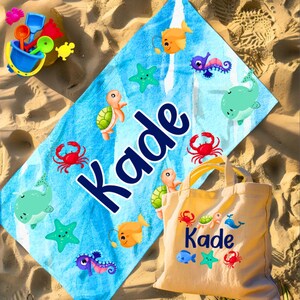 Personalized Kids Beach Towel and Tote Bag Set Custom Name Summer Gift for Boys or Girls Matching Beach Accessories for Kids beach toy tote