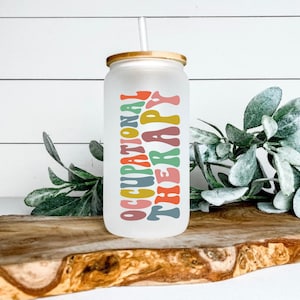 Occupational therapy frosted glass tumbler, OT iced coffee cup, occupational therapist frosted glass mug, OT appreciation gift,