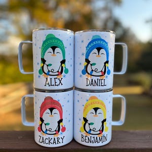Kids penguin hot cocoa mug, Christmas cocoa mug for kids, kids cocoa mug with lid, personalized Christmas eve cocoa mug, Kid's penguin mug zdjęcie 17