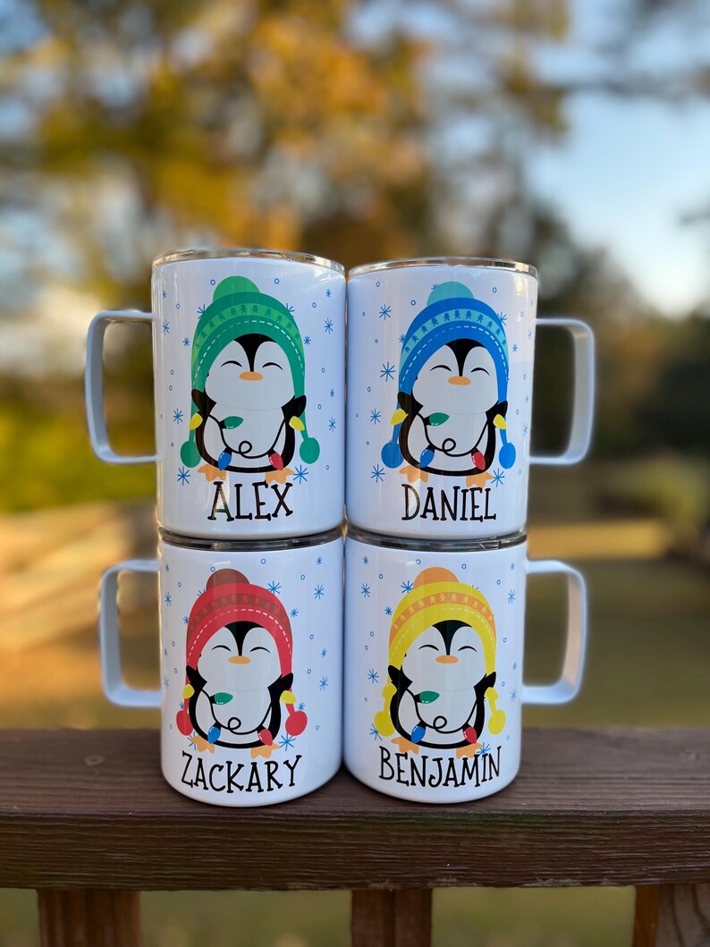 Kids penguin hot cocoa mug, Christmas cocoa mug for kids, kids cocoa mug with lid, personalized Christmas eve cocoa mug, Kid's penguin mug zdjęcie 17