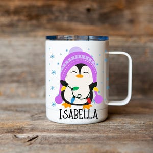 Kids penguin hot cocoa mug, Christmas cocoa mug for kids, kids cocoa mug with lid, personalized Christmas eve cocoa mug, Kid's penguin mug Purple