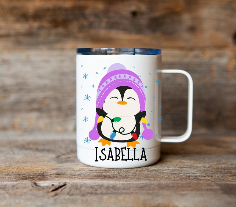 Kids penguin hot cocoa mug, Christmas cocoa mug for kids, kids cocoa mug with lid, personalized Christmas eve cocoa mug, Kid's penguin mug Purple