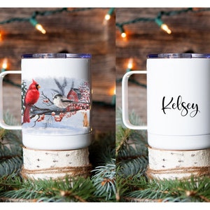 Red bird coffee cup, winter coffee cup, holiday coffee mug, personalized coffee mug, cardinal coffee cup, friend gift, custom coffee mug,