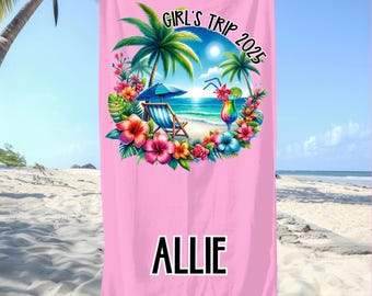 Personalized Beach Towel for Girls Trip 2025, Tropical Vacation Towel, Summer Party Gift, Custom Poolside Blanket, Beach Accessory