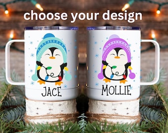 Personalized hot cocoa mug, custom hot cocoa mug, insulated coffee mug with lid and straw, Christmas hot chocolate mug penguin hot cocoa mug