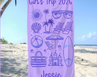 Personalized Beach Towel - Watercolor Design, Cruise Gift, Custom Name Towel for Women, Girls, Beach Trip Essential, Summer Vacation