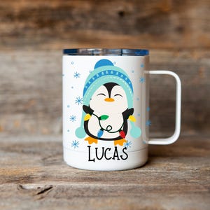 Kids penguin hot cocoa mug, Christmas cocoa mug for kids, kids cocoa mug with lid, personalized Christmas eve cocoa mug, Kid's penguin mug light blue