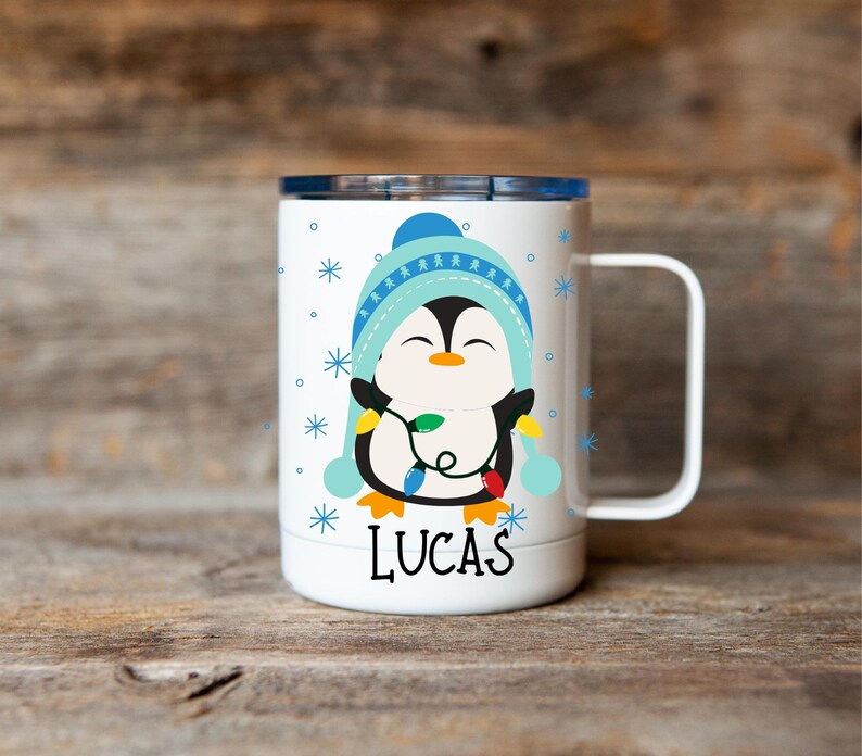 Kids penguin hot cocoa mug, Christmas cocoa mug for kids, kids cocoa mug with lid, personalized Christmas eve cocoa mug, Kid's penguin mug light blue