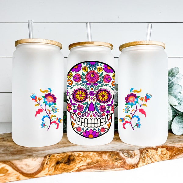 Sugar skull frosted glass tumbler, iced coffee glass, iced coffee mug, cup with lid & straw, sugar skull iced coffee cup