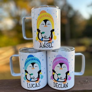 Kids penguin hot cocoa mug, Christmas cocoa mug for kids, kids cocoa mug with lid, personalized Christmas eve cocoa mug, Kid's penguin mug zdjęcie 16