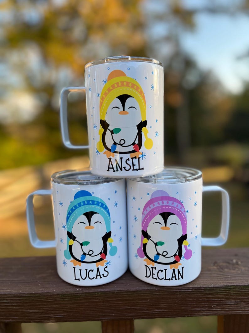 Kids penguin hot cocoa mug, Christmas cocoa mug for kids, kids cocoa mug with lid, personalized Christmas eve cocoa mug, Kid's penguin mug zdjęcie 16