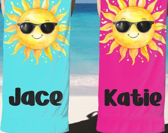 Personalisiertes grafisches Strandtuch der Sonne, kundenspezifisches Sommertuch ideal für Strandtage, Poolpartys, Geburtstagsgeschenke, Urlaubsmerkmale