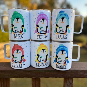 Kids penguin hot cocoa mug, Christmas cocoa mug for kids, kids cocoa mug with lid, personalized Christmas eve cocoa mug, Kid's penguin mug zdjęcie 12