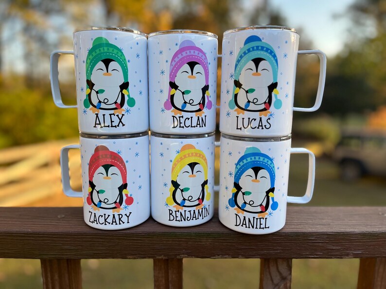 Kids penguin hot cocoa mug, Christmas cocoa mug for kids, kids cocoa mug with lid, personalized Christmas eve cocoa mug, Kid's penguin mug zdjęcie 12
