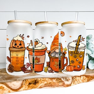 fall gnome iced  coffee frosted glass tumbler, gnome  frosted glass tumbler for iced coffee, iced coffee cup, frosted glass coffee mug,
