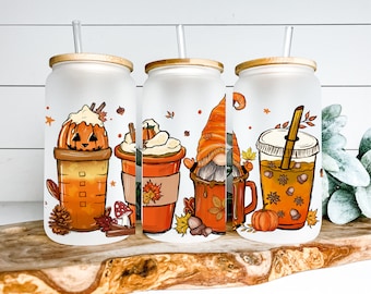 fall gnome iced  coffee frosted glass tumbler, gnome  frosted glass tumbler for iced coffee, iced coffee cup, frosted glass coffee mug,