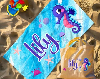 Personalisiertes Kinder Strandtuch - individuelles Geschenk für Geburtstag oder Urlaub, Urlaubstuch für Kinder, süßes Strandtuch für Kinder, Kinder Strandtasche