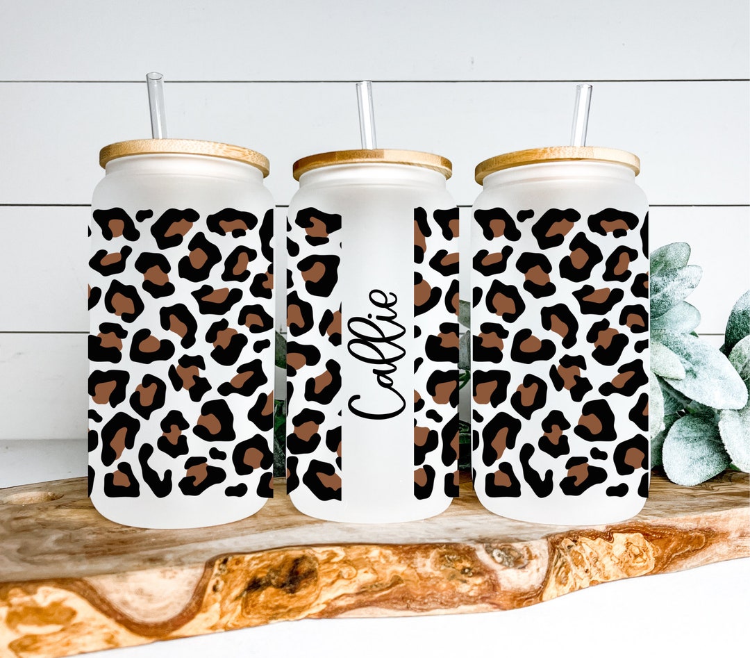 Leopard Print Glass Coffee Cup With Name Animal Print Glass Etsy