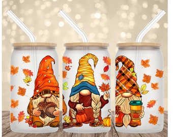 Fall gnome frosted glass cup, thanksgiving gnome frosted glass cup, fall iced coffee cup, fall gnome iced coffee cup, pumpkin coffee cup
