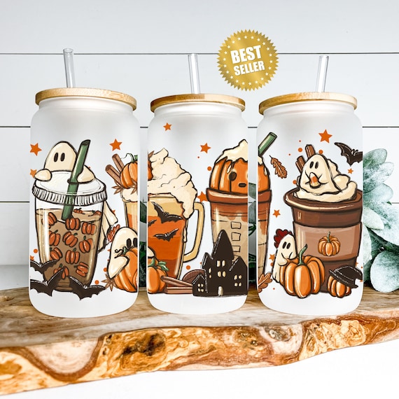 Pumpkin and ghost iced coffee cup, fall coffee glass, boo basket gift for her, coffee aesthetic, gift for women fall gift idea coffee lover
