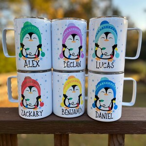 Kids penguin hot cocoa mug, Christmas cocoa mug for kids, kids cocoa mug with lid, personalized Christmas eve cocoa mug, Kid's penguin mug zdjęcie 13
