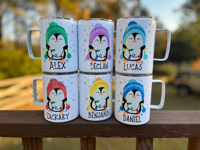Kids penguin hot cocoa mug, Christmas cocoa mug for kids, kids cocoa mug with lid, personalized Christmas eve cocoa mug, Kid's penguin mug zdjęcie 13