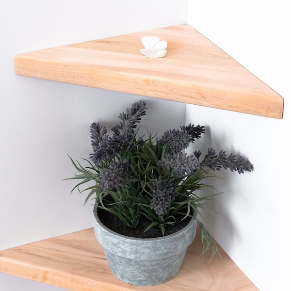 Triangular wall corner shelf made of natural wood, floating corner shelf made of alder, ALL Installation hardware included, Kitchen Shelf