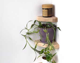 Petite étagère murale d’angle, étagère de plantes en bois, étagère flottante minimaliste, étagères boho pour la maison, étagère d’angle suspendue, petite étagère d’angle