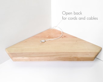 Corner shelf for speakers, router, camera, baby monitor, humidifier, monitor, with an open back for electrical cords