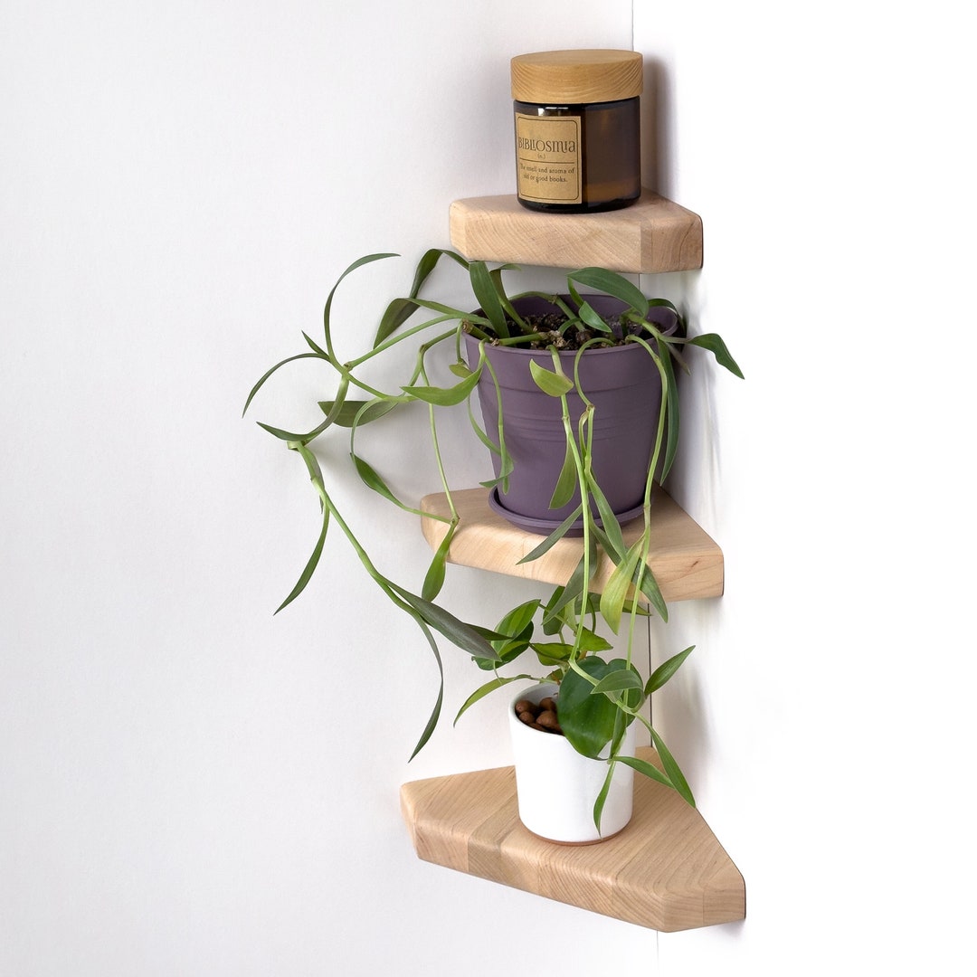 Small Corner Wall Shelf, Wooden Plants Shelf, Minimalist Floating Shelf ...
