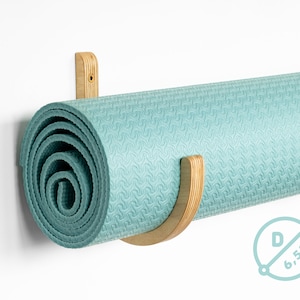 Wooden wall holders for yoga 6.5&quot; diameter mat Wall mount yoga mat hook Foam roller rack Handmade home gym storage